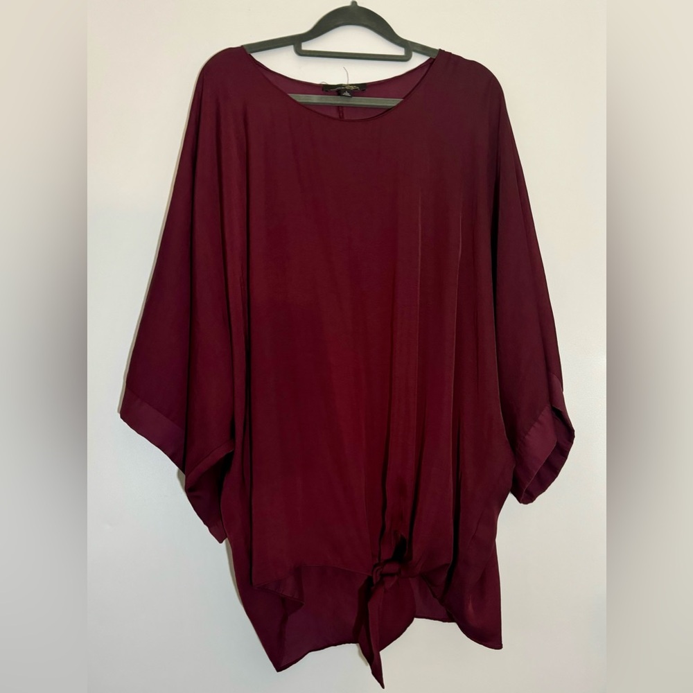 Suzanne Betro blouse size large side ties, color is eggplant